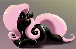 Size: 1199x779 | Tagged: source needed, suggestive, artist:helixjack, color edit, edit, fluttershy, latex pony, original species, pegasus, rubber pony, blushing, colored, floppy ears, gradient background, image, jpeg, latex, latex skin, rubber, solo, transformation