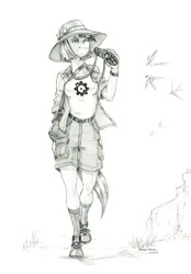 Size: 950x1368 | Tagged: safe, artist:baron engel, derpibooru import, coco pommel, anthro, bird, earth pony, unguligrade anthro, binoculars, clothes, female, g4, hat, image, jpeg, monochrome, pencil drawing, shorts, story included, sun hat, traditional art
