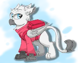 Size: 6901x5597 | Tagged: safe, artist:pzkratzer, derpibooru import, oc, oc:griffin zephyr, gryphon, clothes, delivery, delivery pony, griffon oc, image, png, simple background, solo