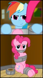 Size: 1210x2187 | Tagged: safe, artist:cardshark777, derpibooru import, pinkie pie, rainbow dash, earth pony, pegasus, pony, 2 panel comic, blurry background, blushing, bondage, bound and gagged, captive, comic, corner, digital art, duct tape, duo, evil grin, female, femsub, first pony view, g4, gag, grin, helpless, holding, hoof hold, hooves behind back, human shoulders, image, looking at you, mare, png, sitting, smiling, submissive, tape, tape bondage, tape gag, tied up, window