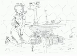 Size: 3519x2550 | Tagged: safe, artist:naughty_ranko, derpibooru import, starlight glimmer, human, g4, humanized, image, jpeg, mars rover, monochrome, opportunity, spacesuit, traditional art