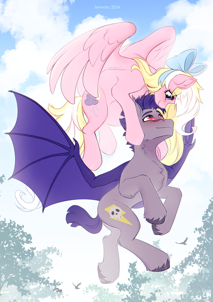 Size: 2480x3508 | Tagged: safe, artist:fenwaru, derpibooru import, oc, oc:bay breeze, oc:thunder run, unofficial characters only, bat pony, pegasus, pony, bat pony oc, bat wings, blushing, bow, cute, female, flying, hair bow, image, looking at each other, looking at someone, male, mare, pegasus oc, png, spread wings, stallion, unshorn fetlocks, wings