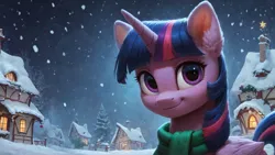 Size: 1920x1080 | Tagged: safe, ai content, derpibooru import, machine learning generated, prompter:truekry, stable diffusion, twilight sparkle, twilight sparkle (alicorn), alicorn, pony, christmas, clothes, g4, generator:pony diffusion v6 xl, holiday, image, looking at you, png, ponyville, scarf, snow, wallpaper, winter
