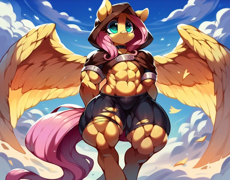 Size: 2048x1600 | Tagged: safe, ai content, derpibooru import, machine learning generated, prompter:enterusxrname, stable diffusion, fluttershy, pegasus, pony, abs, bipedal, buff, choker, clothes, cloud, female, generator:purplesmart.ai, hooves behind back, image, jpeg, muscles, muscleshy, muscular female, outdoors, skirt, solo, spread wings, torn clothes, wings