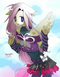 Size: 1241x1600 | Tagged: source needed, safe, artist:torugann, derpibooru import, fluttershy, butterfly, human, insect, beads of sweat, belt, belt buckle, butterfly belt buckle, butterfly's in eyes, clothes, cloud, denim, dress, evening gloves, fingerless elbow gloves, fingerless gloves, floppy ears, gloves, humanized, image, jeans, jpeg, long gloves, manicure, pants, skirt, sky, solo, spread wings, sweat, text, wings