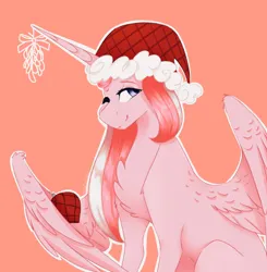 Size: 1280x1307 | Tagged: safe, artist:pixelberrry, derpibooru import, oc, oc:crystal melody, unofficial characters only, alicorn, pony, alicorn oc, christmas, christmas ornament, decoration, female, hat, holiday, horn, image, jpeg, mare, mistletoe, orange background, santa hat, simple background, solo, wings