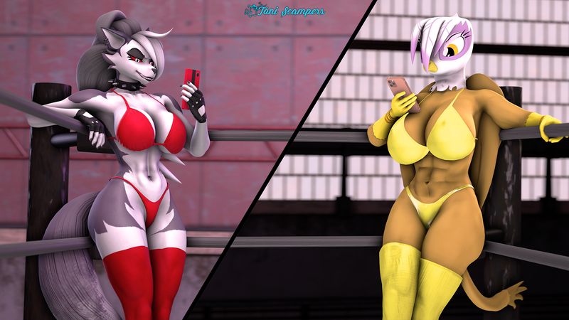 Size: 1920x1080 | Tagged: questionable, artist:toniscampers, derpibooru import, gilda, anthro, gryphon, 3d, big breasts, bikini, breasts, busty gilda, clothes, crossover, duo, female, g4, helluva boss, image, leaning, loona (helluva boss), panties, phone, png, socks, source filmmaker, split screen, stockings, swimsuit, tail, thick, thigh highs, thighs, thong, thunder thighs, two sides, underwear, wrestling ring