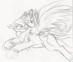 Size: 2288x1960 | Tagged: safe, artist:enigmaticfrustration, derpibooru import, gilda, vinyl scratch, gryphon, pony, unicorn, female, flying, g4, glasses, glasses off, horn, image, jpeg, looking at each other, looking back, mare, monochrome, sketch, vinyl's glasses