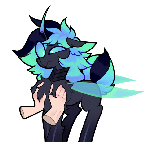 Size: 1490x1448 | Tagged: questionable, artist:minty--fresh, derpibooru import, oc, oc:minty fresh, changeling, human, pony, changeling oc, confused, disembodied hand, grope, hand, human on pony action, image, interspecies, multicolored hair, png