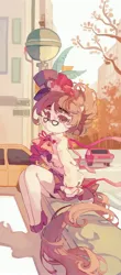 Size: 1799x4096 | Tagged: suggestive, artist:saxopi, derpibooru import, writing desk, anthro, earth pony, pony, unguligrade anthro, arm hooves, car, city, clothes, cravat, eyebrows, female, g4, glasses, hat, high res, image, jpeg, long tail, looking at you, mare, panties, panty shot, skirt, solo, tail, top hat, underwear