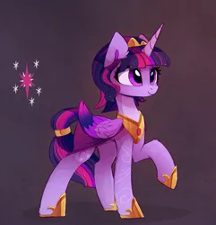 Size: 1677x1740 | Tagged: safe, alternate version, artist:magnaluna, derpibooru import, twilight sparkle, twilight sparkle (alicorn), alicorn, pony, alternate hairstyle, crown, female, folded wings, g4, hoof shoes, horn, image, jewelry, jpeg, mare, peytral, princess shoes, raised hoof, regalia, smiling, solo, wings