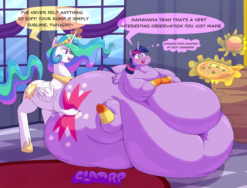 Size: 3572x2715 | Tagged: questionable, artist:graphenescloset, artist:sirmasterdufel, derpibooru import, princess celestia, twilight sparkle, twilight sparkle (alicorn), alicorn, series:twilight h&h blorp program, belly, big belly, blushing, butt, clothes, collaboration, dialogue, duo, fat, huge belly, huge butt, image, impossibly large belly, impossibly large butt, incentive drive, large butt, magic, morbidly obese, obese, png, socks, twilard sparkle, weight gain, weight gain sequence