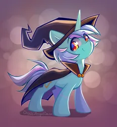 Size: 3849x4148 | Tagged: safe, artist:chaosangeldesu, derpibooru import, lyra heartstrings, pony, unicorn, abstract background, cape, clothes, cute, eye clipping through hair, eyebrows, eyebrows visible through hair, female, g4, halloween, hat, high res, holiday, horn, image, looking at you, lyrabetes, mare, png, signature, smiling, smiling at you, solo, witch hat