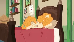 Size: 1280x720 | Tagged: safe, derpibooru import, screencap, pear butter, earth pony, pony, the perfect pear, bed, bedroom, hay, image, pillow, png, solo