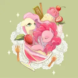 Size: 2048x2048 | Tagged: safe, artist:水上麋鹿, derpibooru import, fluttershy, pinkie pie, earth pony, pegasus, pony, abstract background, duo, eyes closed, female, food, ice cream, image, jpeg, mare, pink coat, pink mane, smiling, sparkles, yellow coat