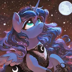 Size: 1024x1024 | Tagged: prompter needed, safe, ai content, derpibooru import, machine learning generated, stable diffusion, princess luna, alicorn, pony, clothes, dress, female, full moon, g4, hoof shoes, image, jewelry, looking up, mare, moon, outdoors, png, rearing, red sky, regalia, solo, spread wings, stars, wings