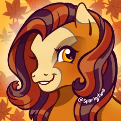 Size: 1200x1200 | Tagged: safe, artist:sparkytopia, derpibooru import, oc, oc:october moon, unofficial characters only, pegasus, pony, g3, blaze (coat marking), bust, coat markings, facial markings, image, looking at you, nonbinary, orange coat, png, portrait, signature, smiling, solo, yellow eyes