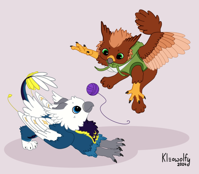 Size: 2583x2252 | Tagged: safe, artist:kleowolfy, derpibooru import, oc, oc:ari, oc:pavlos, gryphon, bandage, beak, behaving like a cat, broken bone, broken wing, cast, cheek fluff, chibi, claws, clothes, colored wings, commission, eared griffon, griffon oc, griffons doing cat things, image, injured, male, non-pony oc, playing, png, sling, tail, wings, yarn, yarn ball