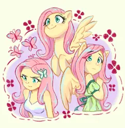 Size: 977x1004 | Tagged: safe, artist:f0xy1212, derpibooru import, fluttershy, butterfly, human, insect, pegasus, pony, equestria girls, blushing, breasts, busty fluttershy, clothes, cute, eye clipping through hair, eyebrows, eyebrows visible through hair, female, g4, image, jpeg, mare, off shoulder, ponied up, shyabetes, simple background, smiling, solo, yellow background
