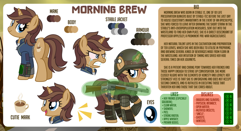 Size: 1500x819 | Tagged: safe, artist:jennieoo, derpibooru import, oc, oc:morning brew, pony, unicorn, fallout equestria, angry, armor, bio, clothes, crying, cutie mark, dislikes, eye, eyes, gun, happy, horn, image, jumpsuit, likes, looking at you, looking back, magic, magic aura, pipbuck, png, reference sheet, show accurate, smiling, smiling at you, solo, telekinesis, vault suit, vector, weapon