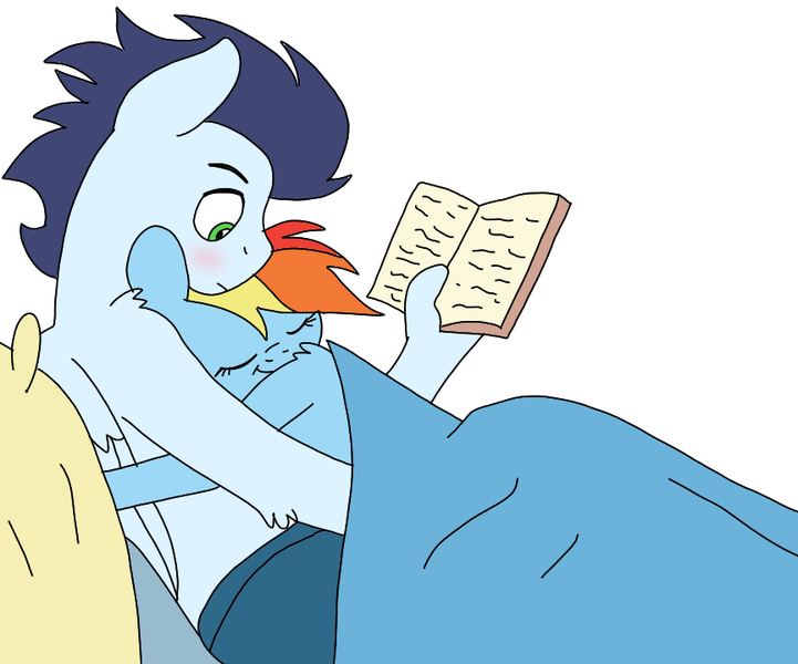 Size: 865x720 | Tagged: safe, artist:dasher666, derpibooru import, rainbow dash, soarin', anthro, pegasus, pony, bed, book, female, hug, image, male, mare, png, shipping, sleeping, soarindash, stallion, straight