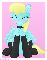 Size: 2948x3750 | Tagged: safe, artist:rainbowšpekgs, derpibooru import, sassaflash, pegasus, pony, :3, ^^, background pony, blushing, chest fluff, clothes, collar, eyes closed, g4, image, png, sitting, smiling, socks, spread wings, wings