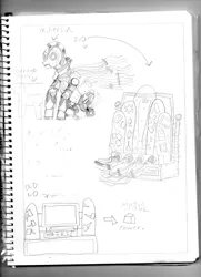 Size: 2514x3467 | Tagged: safe, artist:wheatley r.h., derpibooru import, oc, unofficial characters only, pony, robot, robot pony, computer, derpibooru exclusive, heart, image, jpeg, pencil drawing, solo, spats, traditional art