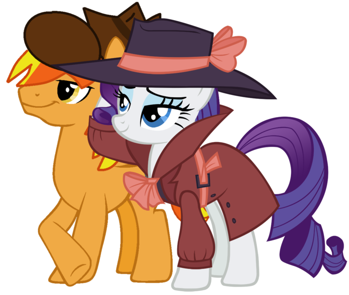 Size: 1160x980 | Tagged: safe, artist:jadeharmony, derpibooru import, rarity, oc, oc:firey ratchet, pegasus, pony, unicorn, clothes, detective, detective rarity, duo, duo male and female, fedora, female, g4, hat, horn, image, male, mare, png, simple background, stallion, transparent background, trenchcoat