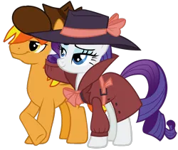 Size: 1160x980 | Tagged: safe, artist:jadeharmony, derpibooru import, rarity, oc, oc:firey ratchet, pegasus, pony, unicorn, clothes, detective, detective rarity, duo, duo male and female, fedora, female, g4, hat, horn, image, male, mare, png, simple background, stallion, transparent background, trenchcoat