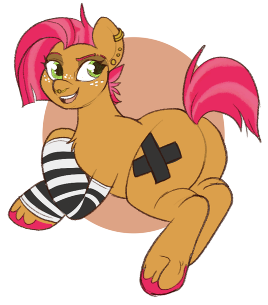 Size: 659x750 | Tagged: safe, artist:lulubell, derpibooru import, babs seed, earth pony, pony, butt, clothes, covered cutie mark, ear piercing, earring, female, image, jewelry, leggings, mare, nose piercing, older, older babs seed, open mouth, open smile, piercing, plot, png, smiling, socks, solo, underhoof