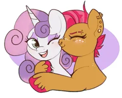 Size: 865x700 | Tagged: safe, artist:lulubell, derpibooru import, babs seed, sweetie belle, female, image, kiss on the cheek, kissing, lesbian, older, png, ship:babsbelle, shipping