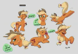 Size: 2320x1619 | Tagged: safe, artist:alumx, derpibooru import, applejack, earth pony, pony, apple, bucking, bust, colored sketch, dialogue, eating, eyes closed, female, floppy ears, food, gray background, grin, howdy, image, jpeg, lying down, mare, open mouth, open smile, prone, simple background, sketch, sketch dump, smiling, solo, speech bubble, spread legs, spreading