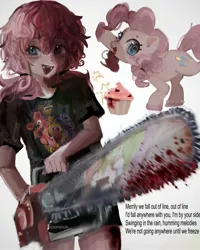 Size: 1635x2048 | Tagged: semi-grimdark, artist:yashinoki____, derpibooru import, pinkie pie, rainbow dash, earth pony, human, pony, fanfic:cupcakes, alternate color palette, beanbrows, blood, blue eyes, blushing, chainsaw, clothes, colored eyebrows, colored hooves, colored pinnae, cupcake, curly mane, curly tail, duality, eye clipping through hair, eyebrows, fangs, female, five nights at freddy's, food, g4, holding, human ponidox, humanized, image, jpeg, light skin, looking at you, looking away, lyrics, mare, open mouth, open smile, pigtails, pink coat, pink hair, pink mane, pink tail, raised hoof, reflection, self paradox, self ponidox, shirt, signature, simple background, smiling, swirly eyes, t-shirt, tail, text, unshorn fetlocks, white background, wingding eyes