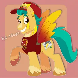 Size: 3000x3000 | Tagged: safe, artist:texacity, derpibooru import, hitch trailblazer, earth pony, pony, g5, baseball cap, cap, cars (pixar), clothes, face paint, fake cutie mark, fake wings, grin, hat, image, jpeg, lightning mcqueen, looking at you, male, passepartout, pink background, shirt, simple background, smiling, smiling at you, solo, stallion, t-shirt, unshorn fetlocks