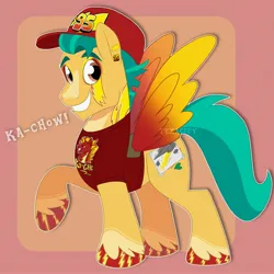 Size: 3000x3000 | Tagged: safe, alternate version, artist:texacity, derpibooru import, hitch trailblazer, earth pony, pony, g5, baseball cap, cap, cars (pixar), clothes, face paint, fake cutie mark, fake wings, grin, hat, image, jpeg, lightning mcqueen, looking at you, male, passepartout, pink background, shirt, simple background, smiling, smiling at you, solo, stallion, t-shirt, unshorn fetlocks