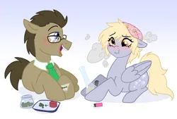 Size: 2084x1407 | Tagged: safe, artist:sierra flyer, derpibooru import, derpy hooves, doctor whooves, time turner, earth pony, pegasus, pony, beanie hat, bong, drugs, female, glasses, image, lighter, male, marijuana, png, ship:doctorderpy, shipping, smoke, smoking, straight