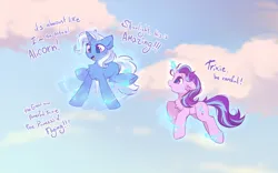 Size: 1600x1000 | Tagged: safe, artist:mirtash, artist:spicysushidog, derpibooru import, starlight glimmer, trixie, pony, unicorn, blue mane, blue tail, chest fluff, cloud, concave belly, concerned, dialogue, duo, duo female, ear fluff, female, floating, floppy ears, g4, glow, glowing horn, hoof heart, horn, image, lesbian, magic, mare, motion lines, open mouth, open smile, pink eyes, png, profile, redraw, shipping, sky, sky background, smiling, startrix, tail, talking, teeth, telekinesis, text, two toned mane, two toned tail, underhoof, unicorn horn, wavy mane, wavy tail, wingding eyes
