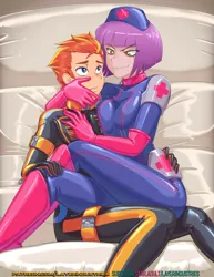 Size: 816x1056 | Tagged: suggestive, artist:rab, derpibooru import, oc, oc:fireheart(fire), oc:nurse lavender blossom, human, equestria girls, clothes, couple, female, femdom, fireheart76's latex suit design, g4, gloves, humanized, image, latex, latex boots, latex gloves, latex suit, png, prisoners of the moon, rubber, rubber boots, rubber gloves, rubber suit, smiling, smirk
