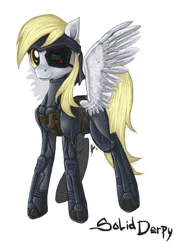 Size: 1500x2000 | Tagged: safe, artist:relydazed, derpibooru import, derpy hooves, pegasus, pony, 2011, crossover, eyepatch, female, g4, image, jpeg, konami, looking at you, mare, metal gear, signature, simple background, smiling, solid snake, spread wings, white background, wings