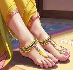 Size: 1280x1230 | Tagged: suggestive, ai content, derpibooru import, fluttershy, human, anklet, barefoot, clothes, dress, feet, fetish, foot fetish, foot focus, image, india, jewelry, jpeg, sari