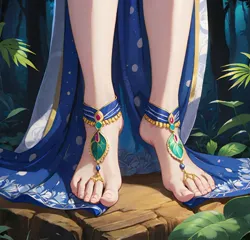 Size: 1280x1229 | Tagged: suggestive, ai content, derpibooru import, princess luna, human, anklet, barefoot, clothes, dress, feet, fetish, foot fetish, foot focus, forest, image, jewelry, jpeg, jungle, nature, sari, solo, tree