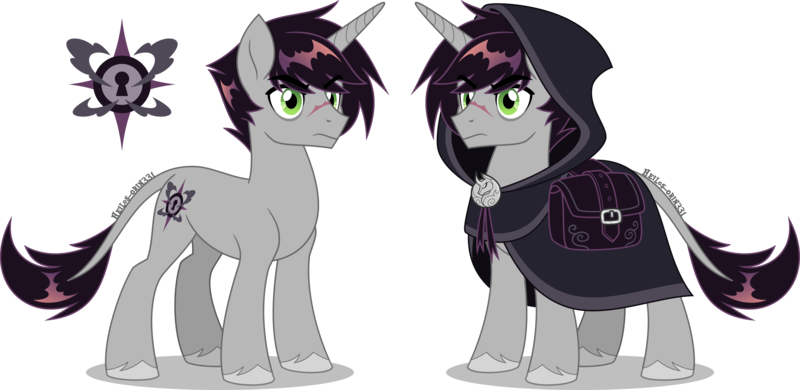 Size: 4000x1951 | Tagged: safe, artist:heilos, derpibooru import, idw, shadow lock, classical unicorn, pony, unicorn, bag, bags under eyes, cloak, clothes, cloven hooves, collaboration, cutie mark, descendant, frown, g4, high res, horn, image, leonine tail, male, png, redesign, saddle bag, scar, simple background, stallion, tail, transparent background, unshorn fetlocks