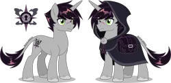Size: 4000x1951 | Tagged: safe, artist:heilos, derpibooru import, idw, shadow lock, classical unicorn, pony, unicorn, bag, bags under eyes, cloak, clothes, cloven hooves, collaboration, cutie mark, descendant, frown, g4, high res, horn, image, leonine tail, male, png, redesign, saddle bag, scar, simple background, stallion, tail, transparent background, unshorn fetlocks