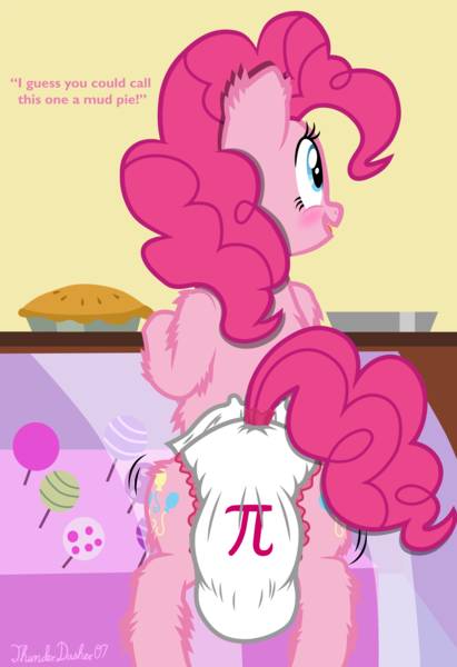 Size: 2000x2920 | Tagged: questionable, alternate version, artist:thunderdasher07, derpibooru import, pinkie pie, earth pony, pony, belly fluff, bipedal, bipedal leaning, blushing, both cutie marks, butt, butt focus, butt shake, diaper, diaper butt, diaper fetish, display case, ear fluff, female, fetish, food, g4, high res, hoof fluff, image, leaning, leaning forward, leg fluff, mare, messy diaper, non-baby in diaper, open mouth, open smile, pi, pi day, pie, pie tin, plot, png, poofy diaper, poop, pooping, poopy diaper, rear view, signature, smiling, solo, sugarcube corner, tail, tail hole, talking, talking to viewer