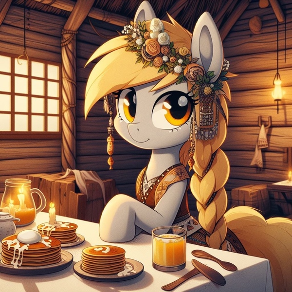 Size: 1024x1024 | Tagged: safe, ai content, derpibooru import, machine learning generated, derpy hooves, pony, alternate hairstyle, beautiful, blini, braid, candle, clothes, drink, female, flower, flower in hair, food, hairstyle, image, jpeg, mare, pancakes, shrovetide, slavic, solo, wood