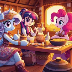 Size: 1024x1024 | Tagged: safe, ai content, derpibooru import, machine learning generated, pinkie pie, trixie, twilight sparkle, human, pony, semi-anthro, clothes, drink, female, food, image, jpeg, mare, slavic, table, trio