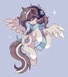 Size: 843x964 | Tagged: safe, artist:flixanoa, derpibooru import, oc, oc:percy pawz, unofficial characters only, pegasus, pony, bags under eyes, bigender, brown mane, brown tail, chest fluff, clothes, coat markings, colored wings, colored wingtips, eye clipping through hair, eyebrows, eyebrows visible through hair, fetlock tuft, flying, gray background, hair accessory, hairclip, headphones, image, jpeg, leg fluff, long mane, long tail, looking away, messy mane, messy tail, multicolored mane, multicolored tail, one eye closed, outline, pegasus oc, scarf, signature, simple background, smiling, socks (coat marking), solo, sparkles, sparkly mane, sparkly tail, spread wings, starry eyes, tail, teal eye, two toned wings, wingding eyes, wings