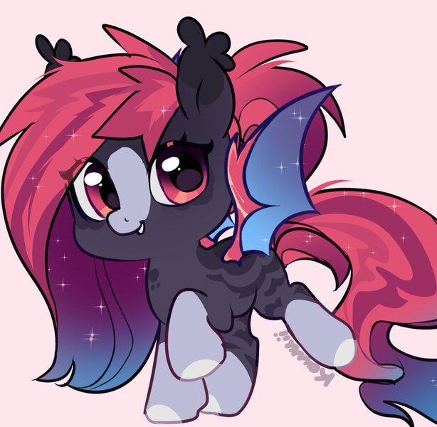 Size: 1991x1945 | Tagged: safe, artist:kawaiisoda_fiz, derpibooru import, oc, unofficial characters only, bat pony, pony, bat pony oc, bat wings, blaze (coat marking), coat markings, cute, facial markings, image, jpeg, looking at you, ocbetes, pink background, simple background, smiling, smiling at you, socks (coat marking), solo, spread wings, starry wings, wings