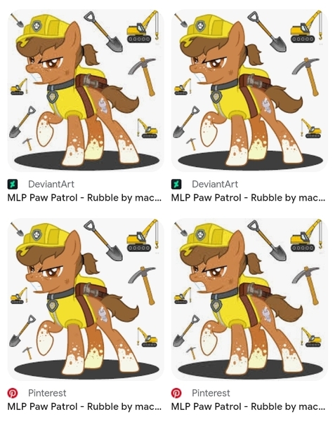 Size: 720x905 | Tagged: safe, artist:machakar52, derpibooru import, ponified, pony, angry, clothes, crane, deviantart, gritted teeth, hard hat, hat, image, jpeg, looking at you, paw patrol, pickaxe, pinterest, ponytail, raised hoof, rubble (paw patrol), shovel, solo, teeth, tools