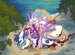 Size: 2000x1466 | Tagged: semi-grimdark, artist:stinkiit, derpibooru import, princess cadance, shining armor, alicorn, pony, unicorn, biting, blood, clothes, death, dress, duo, duo male and female, female, horn, image, jpeg, male, mare, meme, neck biting, stallion, the bride and the ugly ass groom, wedding dress